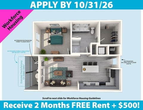 Floor plan for 1 bed, 1 bath, 749 sqft